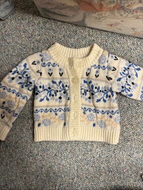 Janie and Jack Girls Cream Fair Isle Cardigan with Blue & Tan Motif 12-18M EUC